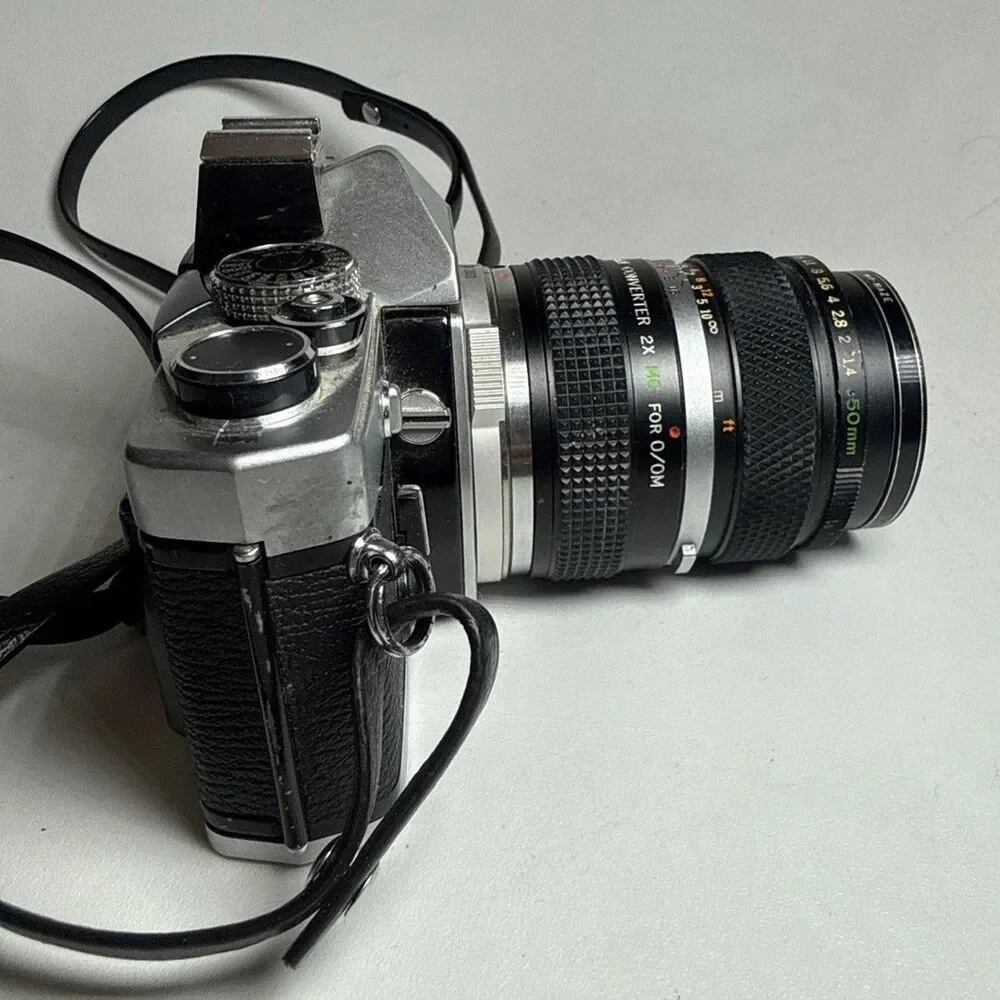 Olympus OM-1N Film Camera w/ OM-SYSTEM f/1.4 50mm Lens, Winder 2, Flash, Strap